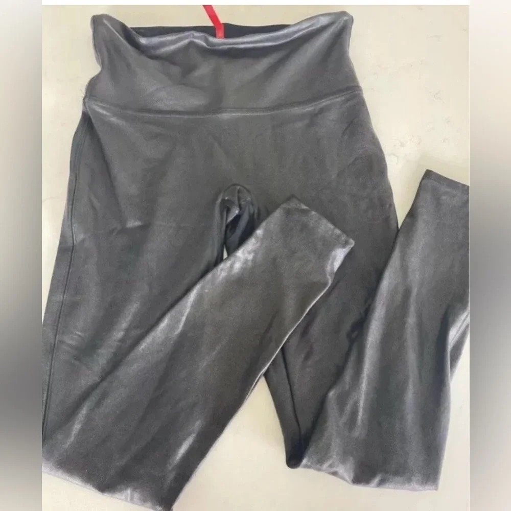 Black Spanx Leggings Stretchy Control Top faux Leather Size X-Large